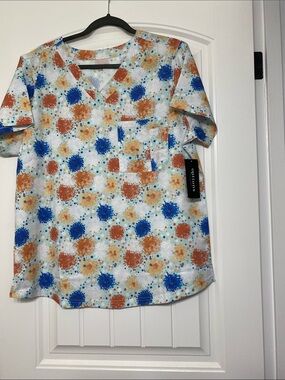 V-Neck Scrub Top in Blue & Orange Splash Print